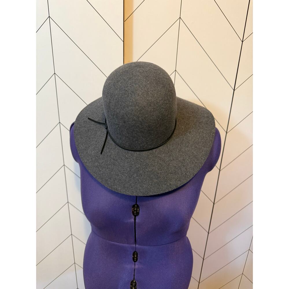 Phenix Women’s Gray Black Wool Leather Trim Wide Brim Hat Floppy Vintage Fall